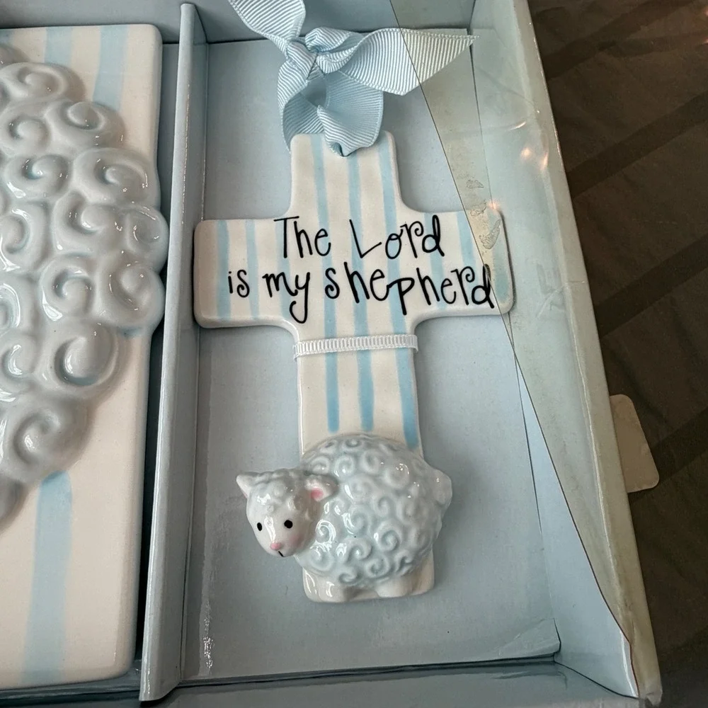 Mud Pie Blue Lamb Ceramic Picture Frame and Cross Set The Lord Is My Shepherd